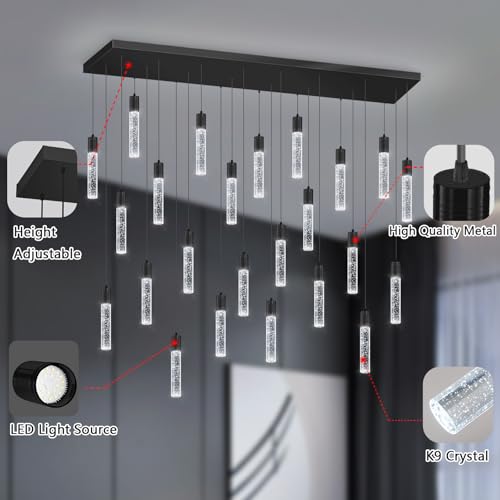 24 Lights Modern Crystal Chandeliers LED Pendant Light for Kitchen Island Dining Room Entrance Foyer Living Room 6000K Black