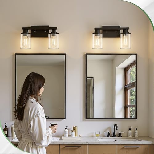 2 Light Black Bathroom Light Fixtures Over Mirror with Clear Glass Shade