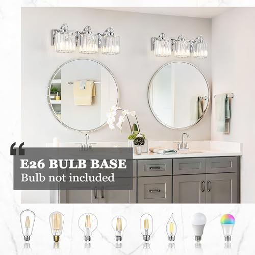 3 Light Modern Bathroom Light Fixture Chrome Vanity Lights Over Mirror Wall Sconce Lighting with K9 Crystal Shades Bathroom Wall Lamp E26 Base for Bedroom