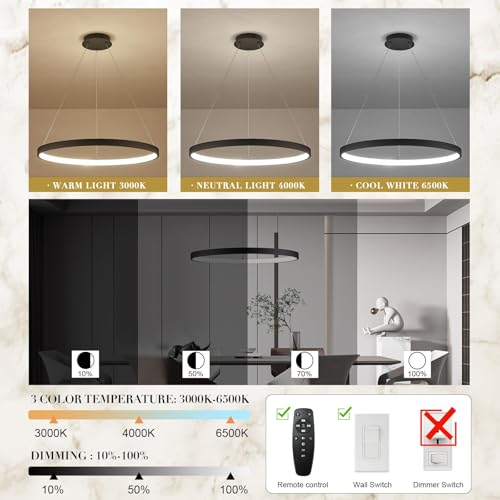 Modern LED Pendant Light Black Ring Chandelier 24" Dimmable Flush Mount Pendant Chandelier for Dinning Room Office Kitchen Living Room