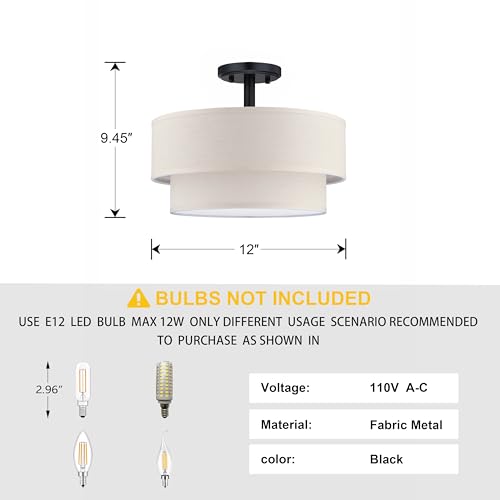 3 Light 12" Cream Fabric Black Semi Flush Mount Close to Ceiling Light Fixture