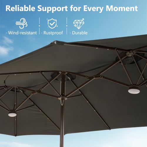 15FT Double Sided Rectangular Patio Umbrella with USB Rechargeable Warm LED Lights