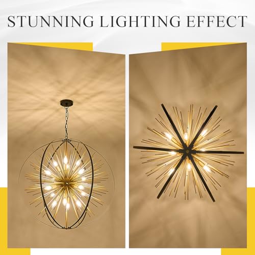 31" 16 Light Black Gold Sputnik Chandelier Modern Hanging Light