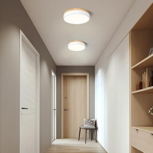 Dimmable LED Wood White Round Flush Mount Ceiling Light 11.81 Inch