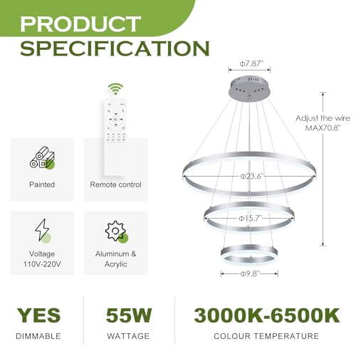 3 Rings Modern LED Chandelier Silver Dimmable Pendant Lighting with Remote Control Circular Flush Mount High Ceiling Light for Dining Room Living Room Entrance Foyer
