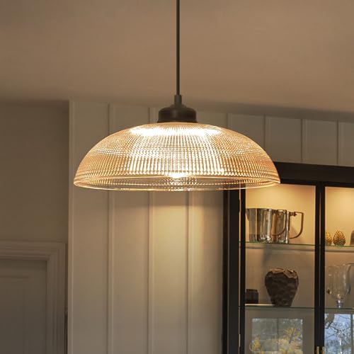 EDSILIVE Vintage Glid Glass Pendant Lights Kitchen Island 13.78" Barn Dome Clear Glass Hanging Ceiling Light Fixture with Black Finish for Dining Room Kitchen Table