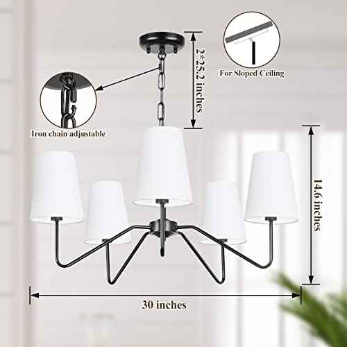5-Light 30” Modern Chandelier with White Shades, Classic Pendant Ceiling Light Fixture for Dining Room, Black Chandelier with E12 Base Hanging Lamp for Living Room Hallway Bedroom, Height Adjustable