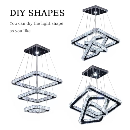 Square 3 Ring Crystal Chandelier Dimmable LED Pendant