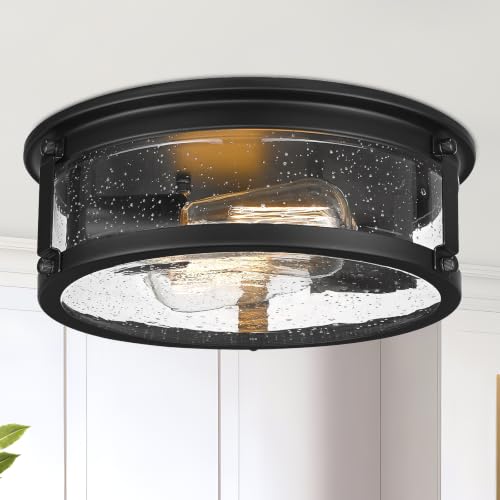 Farmhouse Black Flush Mount Ceiling Light Fixtures with Seeded Glass (Black)
