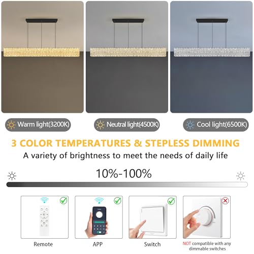 Rectangular Crystal Chandelier Dimmable LED Linear Chandeliers for Dining Room Remote Ceiling Pendants Light Fixture for Kitchen Island Black