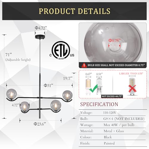 Modern 31" 4 Light Black Sputnik Chandelier with Smoke Glass Globe