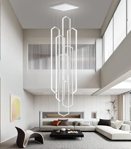 6 Rings Silver Modern Long Large Chandelier Dimmable LED High Ceiling Chandelier for Living Room Foyer Staircase Enterway Hanging Light Fixture Modern Ceiling Light