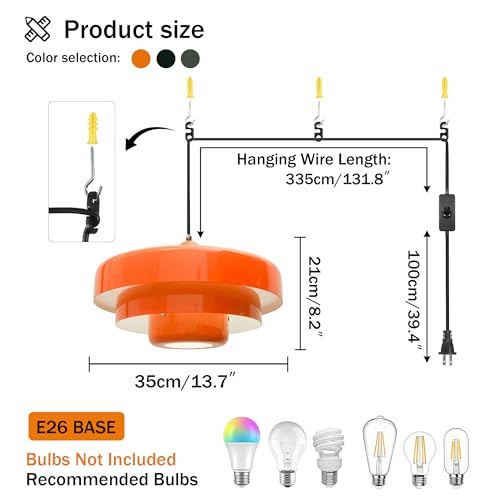 Plug in Pendant Light Mid Century Hanging Lamp with Plug in Cord Orange Pendant Lighting Fixtures Nordic Style Metal Shade On