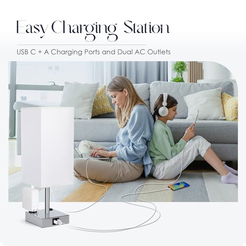 Set of 2 Bedside Table Lamp 3 Way Dimmable Nightstand Lamp with USB C & USB A Charging Port (2 Count)