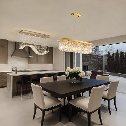 6 Light Modern Crystal Chandelier Rectangular Gold K9 Crystal Raindrop Chandelier for Dining Room
