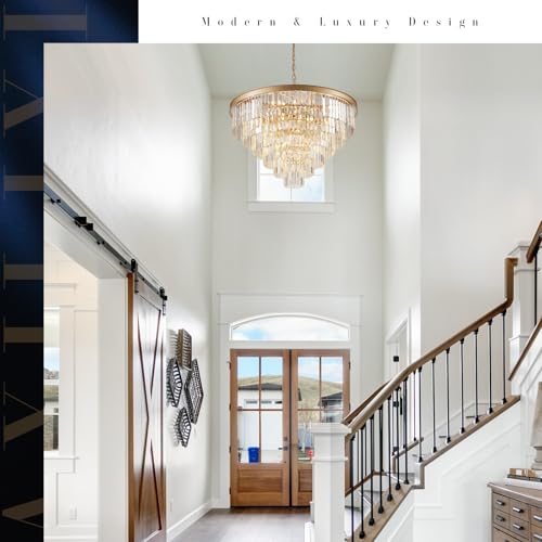 Modern Gold Crystal Chandelier 35”Large Chandeliers for High Ceiling Foyer