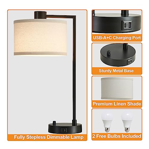 Table Lamp for Bedroom Set of 2 with USB C+A Ports (2 Count)