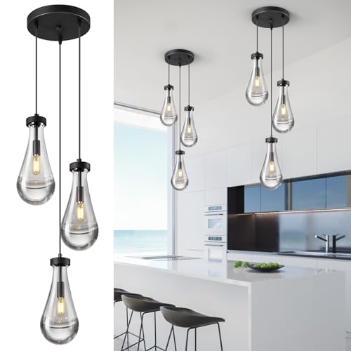 Raindrop Pendant Lights Kitchen Island Teardrop Black Hanging Light Fixtures Clear Solid Glass Pendant Light Modern Chandeliers for Dining Room Porch Corridor Living Room