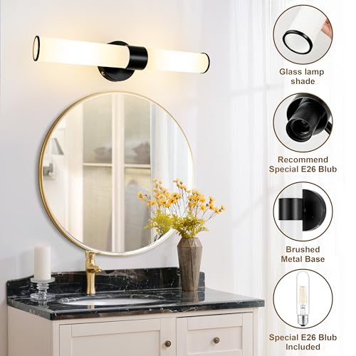 Black Battery Operated Wall Sconces Set of 2 with White Glass Lamp Shade