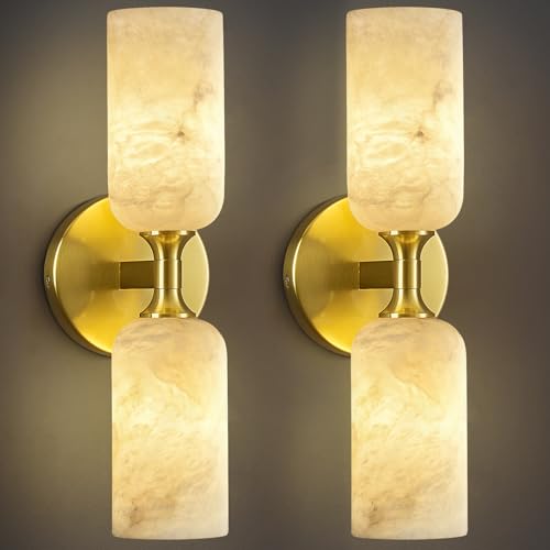 Natural Alabaster Wall Sconces Set of Two Modern Black Wall Lamp14in Milky White Alabaster Vanity Wall Lighting for Bedroom Bathroom Staircases Hallway（Included G9 Bulb） (2 Count)