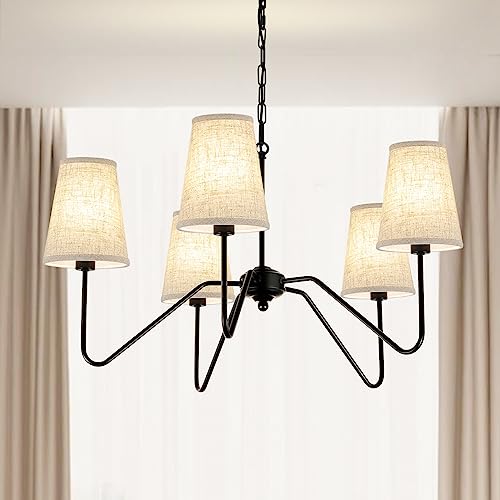 5 Arm Black Chandelier for Dining Room with Linen Fabric Shade