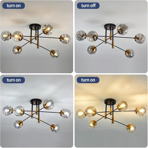 6 Light Glass Globe Sputnik Light Fixture Modern Matte Black and Gold Chandelier Semi Flush Mount Ceiling lamp for Living Room Kitchen Dining Room Farmhouse Bedroom