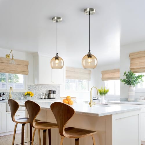 Light Brown Glass Pendant Lights Kitchen Island Globe Pendant Light Fixtures Modern Pendant Lighting for Bedroom Living Dining Room Light Fixture (3 Count)