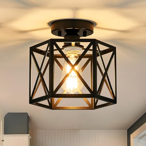 Black Modern Farmhouse Metal Semi Flush Mount Ceiling Light Fixture 9.5 in