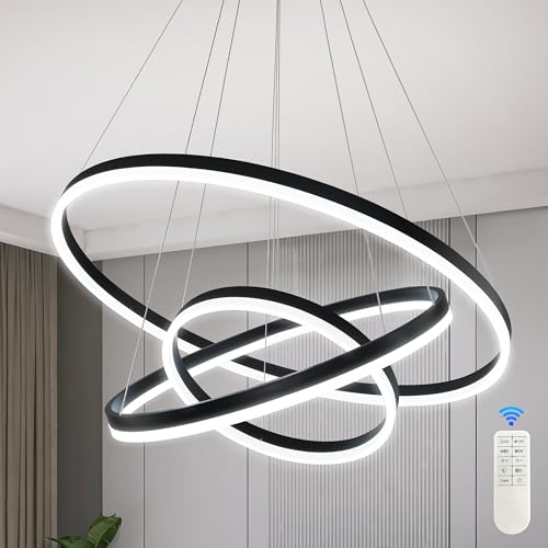 31.5" Black Modern Led Chandelier 3 Ring Modern Led Pendant Light Contemporary Ring Chandeliers Dimmable Chandeliers Color Temperature Adjustable Height Hanging Chandelier for Living Room