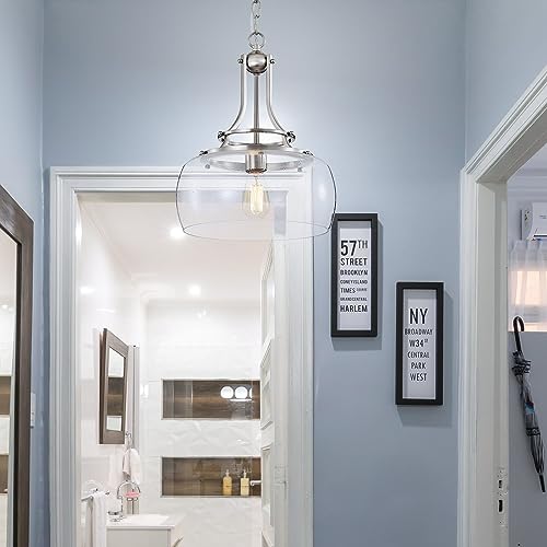 Chandelier Rustic Farmhouse Industrial Round Ceiling Pendant LED Light Fixture Clear Seeded Glass Shade for Dining Room Kitchen Island Foyer Entryway