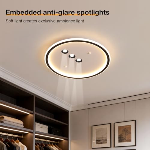 Modern Round LED Flush Mount Ceiling Light with Black Finish & 3 Spotlights