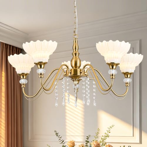 5 Light Vintage Chandelier in Brushed Gold Finish with Flower (5-Light / Gold and White)