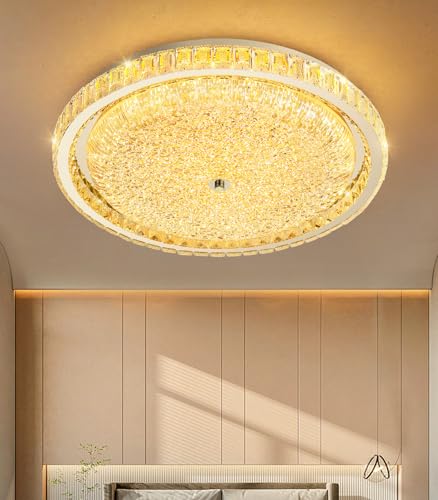24" Modern Crystal Chandelier Dimmable LED Flush Mount Ceiling Light with Remote Control for Bedroom Hallway Dining Room Silver