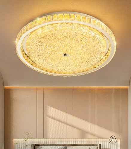 24" Modern Crystal Chandelier Dimmable LED Flush Mount Ceiling Light with Remote Control for Bedroom Hallway Dining Room Silver