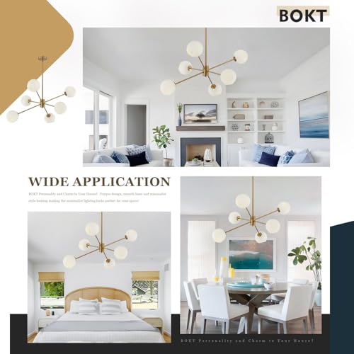 6 Lights Modern Sputnik Chandeliers Globe Light Fixture Farmhouse Milk Glass Pendant Lights Kitchen Island Gold and White Sputnik Hanging Light Vintage Brushed Brass Ball Chandelier
