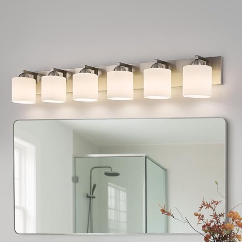 6 Light Brushed Nickel Bathroom Vanity Light with White Glass Shades