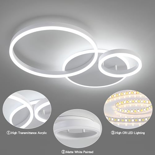 Modern 3 Ring LED Chandelier Lamp Fixture White 25.59''Dimmable Acrylic Flush Mount Ceiling Lights with Remote Control Ideal for Small Room