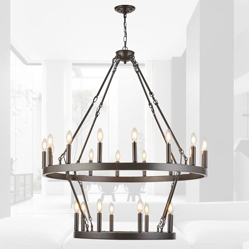 Large Chandeliers for High Ceilings Wagon Wheel Chandelier Kitchen Table Lighting 2 Tier 24 Lights Oil Rubbed Bronze Rustic Farmhouse 39.3 Inch for Dining Room Kitchen Island