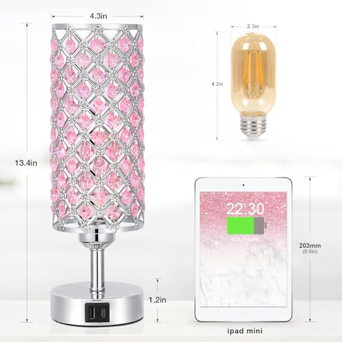 Pink Crystal Touch Lamp with USB C+A