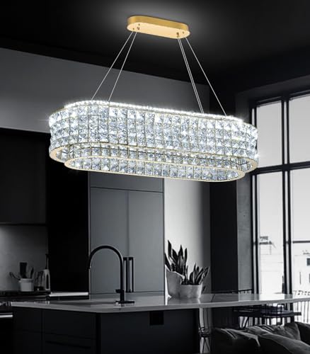 L32 x W12 Modern Chandeliers for Dining Room LED Dimmable Pendant Lighting Ceiling Chandelier Crystal Rectangle Light Fixtures Gold