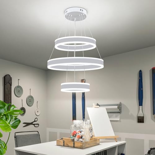 Modern LED Chandeliers Adjustable Hanging White Pendant Light Fixture 3 Ring Flush Mount Chandeliers for Bedroom