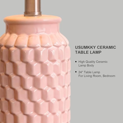24" Modern Ceramic Pink Bedside Lamp Set of 2 Table Lamp for Bedroom Decor Farmhouse Table Lamp for Living Room Office Dorm (2 Count)
