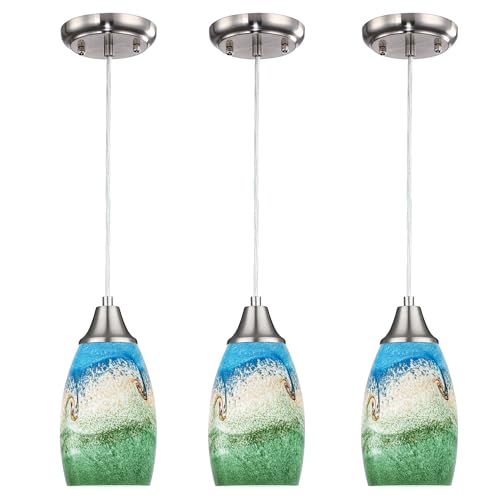 3pack Mini Pendant Lights Kitchen Island Hand Blown Art Glass Hanging Ceiling Pendant Light Over Kitchen Sink Glass Pendant Light Shade for Coffee Bar (3 Count)