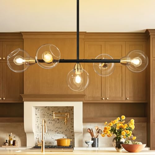 Black and Gold Linear Chandelier 5 Lights Modern Sputnik Chandeliers