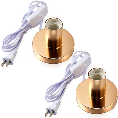 2 Pcs Polished Metal Desktop Lamp Base E26 E27 Screw Light Bulb Holder Sockets Night Light Base Lamp Replacement for Holding Bulb 6 Feet Cord on Off Switch Plug (2 Count)