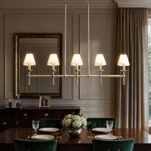 5 Light Brass Modern Linear Chandelier with Fabric Shade for Kitchen Island