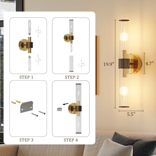 Gold Walnut Battery Operated Wall Sconces Set of 2