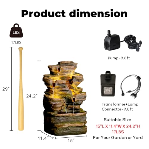 6 Tier Cascading Outdoor Water Fountain 24.2 in Brown Rock