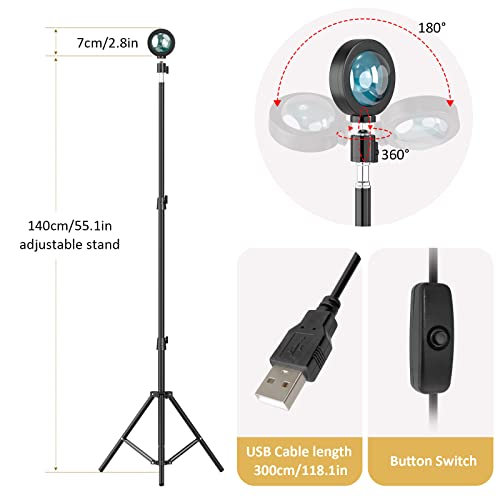 Sunset Floor Lamp Projection 140cm Adjustable Stand Led Night Light 360 Degree Rotation Network Light with 3M USB Cable Floor Light for Living Room Bedroom