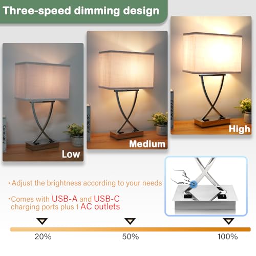 3 Way Touch Dimmable Bedside Lamp 21.38" with USB